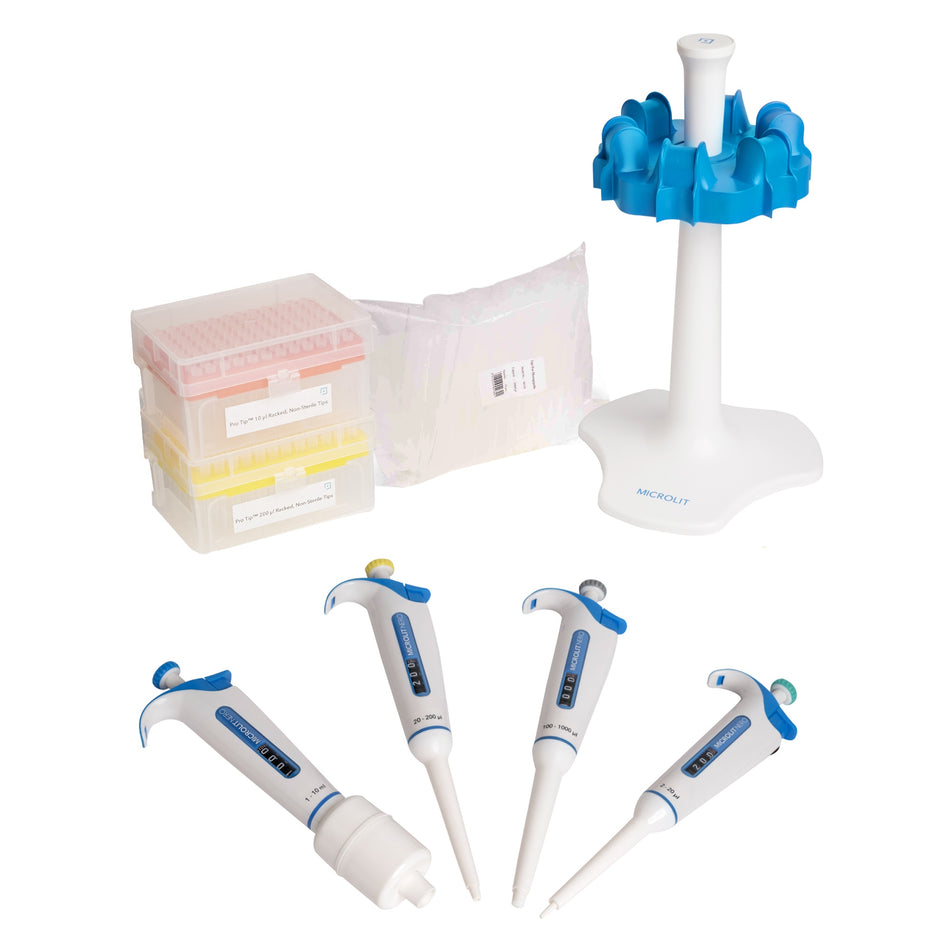 Variable Volume UniCal® & µAir® Technology NERO 4-Micropipette Starter Kit 2uL-10mL with Carousel Stand and Tips