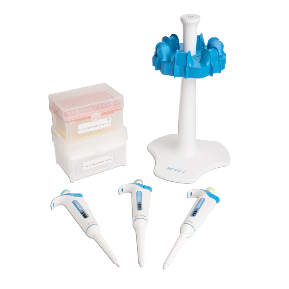 Variable Volume UniCal® & µAir® Technology NERO 3-Micropipette Starter Kit 2uL-1mL with Carousel Stand and Tips