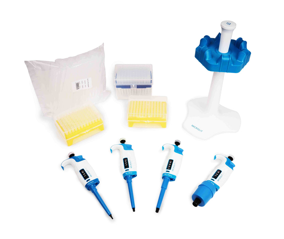 Variable Volume RBO 4-Micropipette Starter Kit 0.5uL-10mL with Carousel Stand and Tips